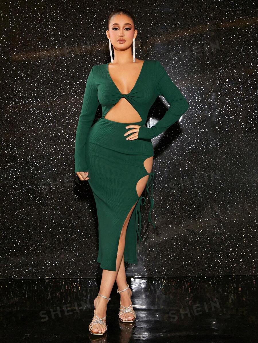 SHEIN SXY Vestido ajustado con abertura con cordón lateral de muslo con abertura