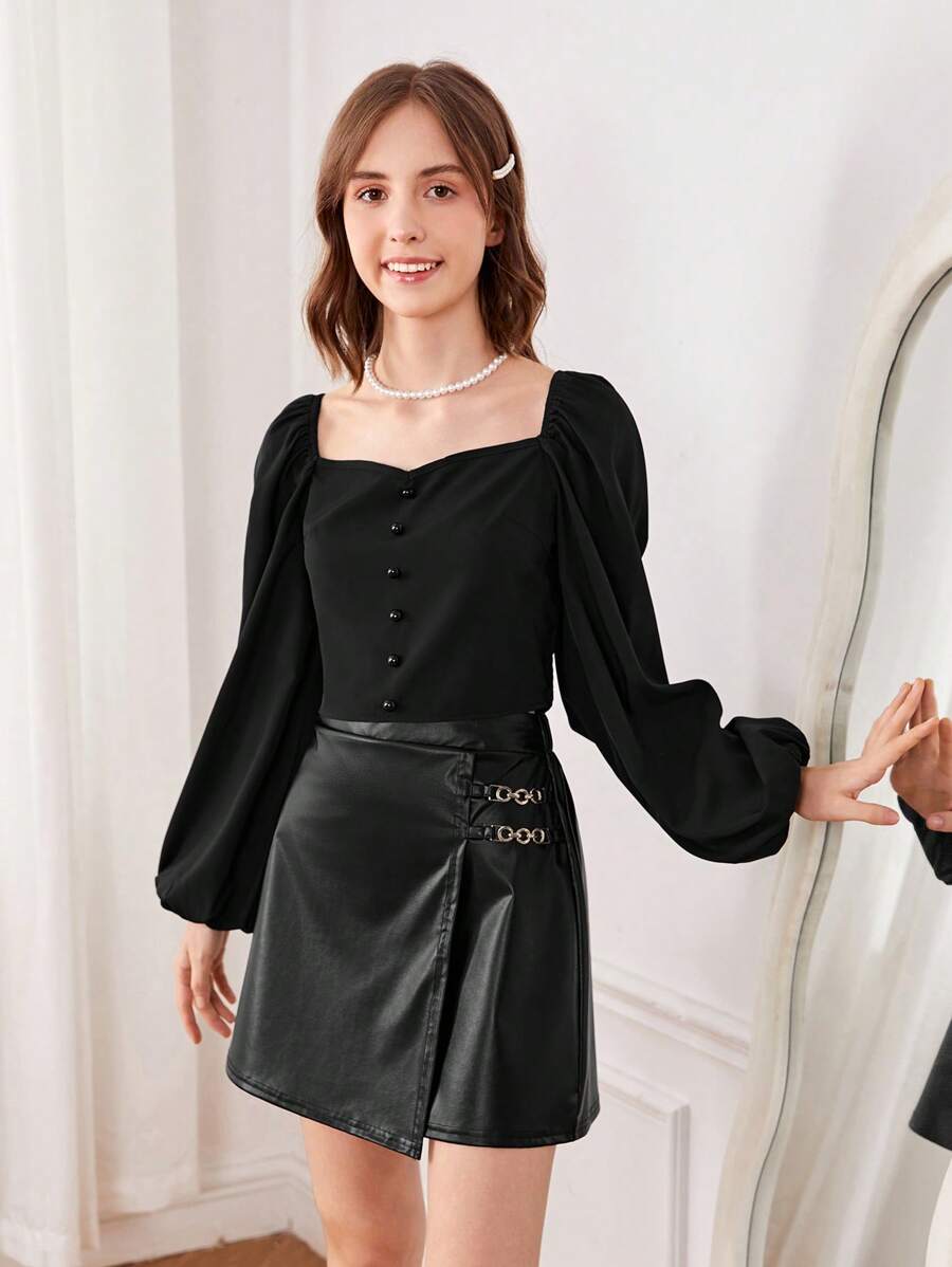SHEIN 2 Piezas/set Camisa De Manga Larga Con Cuello En Forma De Corazón Para Chicas Adolescentes Y Falda De Piel Sintética Con Doble Cadena Decorada