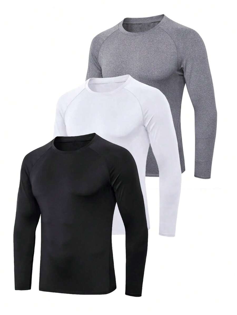 Manfinity Homme Paquete de 3 camisetas casuales de manga raglán larga y color liso para hombre, para salir