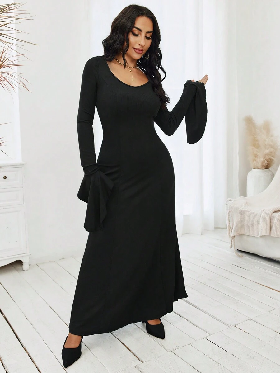 VaVaBold Solid Flounce Sleeve A-line Dress