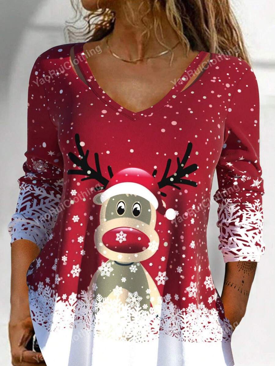 Gnomes T-shirt De Mode Pour Femmes À Motif De Bonhomme De Neige De Noël Dans Un Carreau Rouge Pour L'automne Et L'hiver Navidad