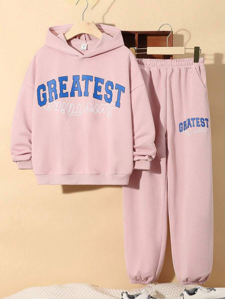 Conjunto De Dos Prendas De Punto Para Niños Con Capucha Y Estampado De Letras Casuales, Chaqueta De Color Liso Y Pantalones Abajo