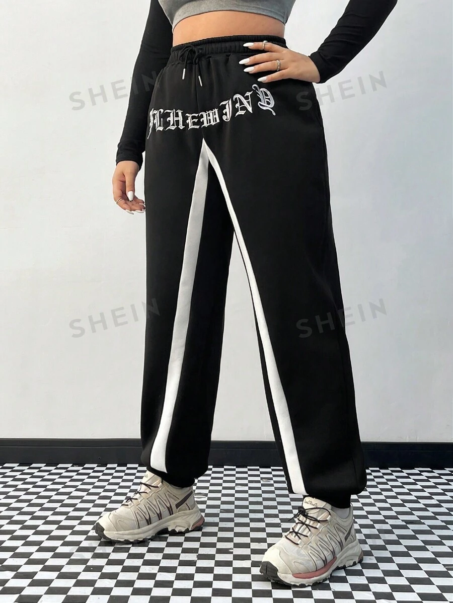 SHEIN EZwear Talla grande Pantalones deportivos con bordado de letra con cinta en contraste de cintura con cordón
