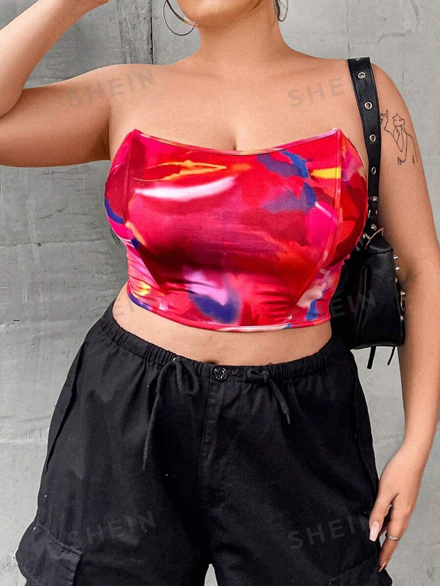 Flirla Talla grande Top tubo crop con estampado de dibujo de espalda abierta con cordón