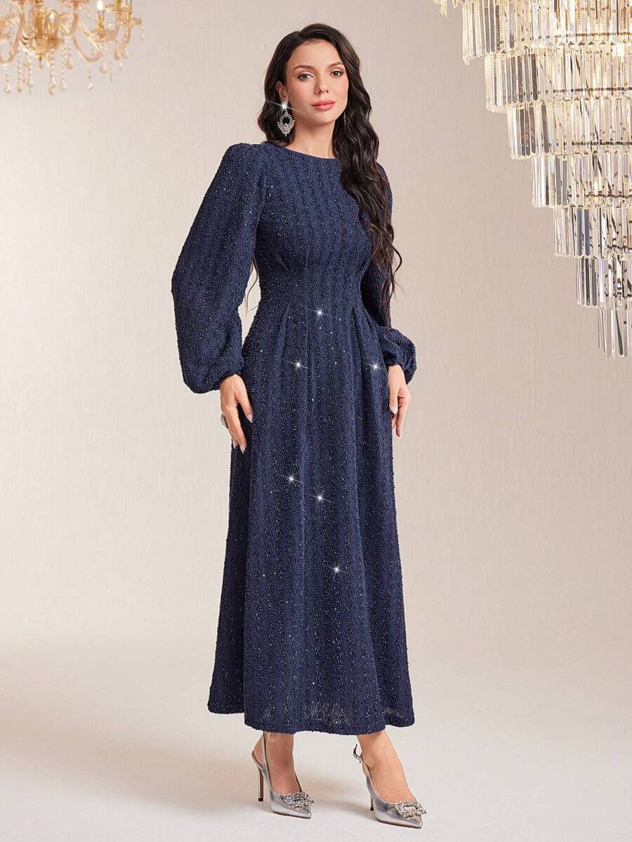 Modelyn Lantern Sleeve Glitter Dress