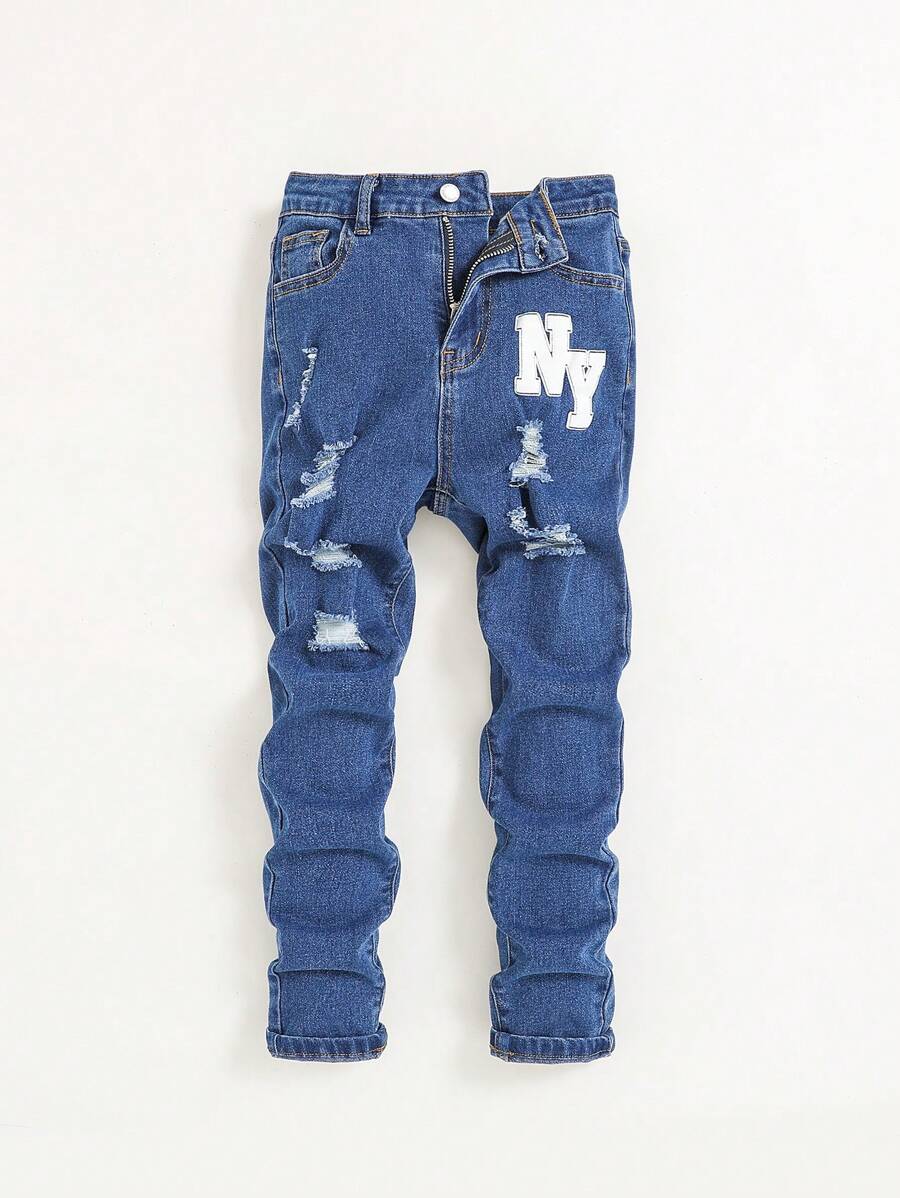 SHEIN Tween Boy Letter Graphic Ripped Jeans