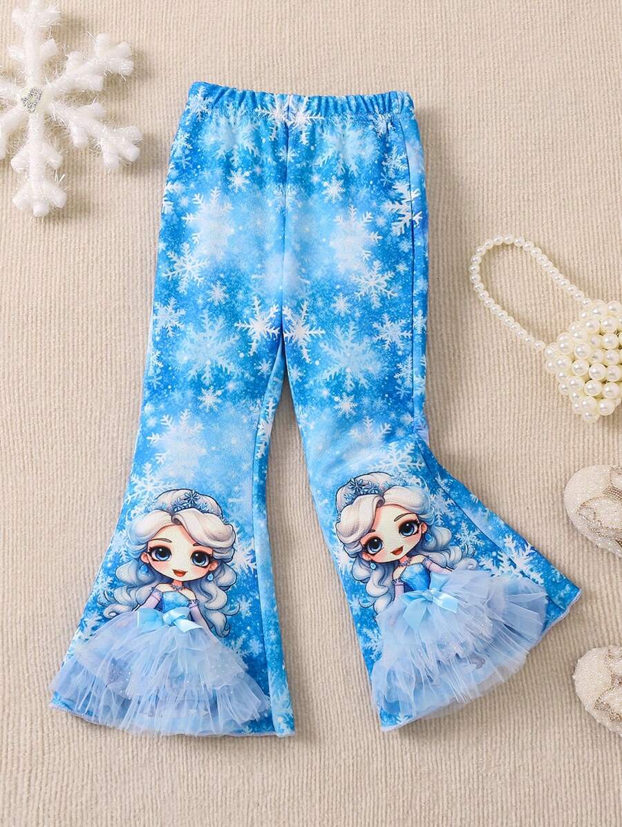 SHEIN Young Girl Figure Graphic Snowflake Print Flare Leg Pants
