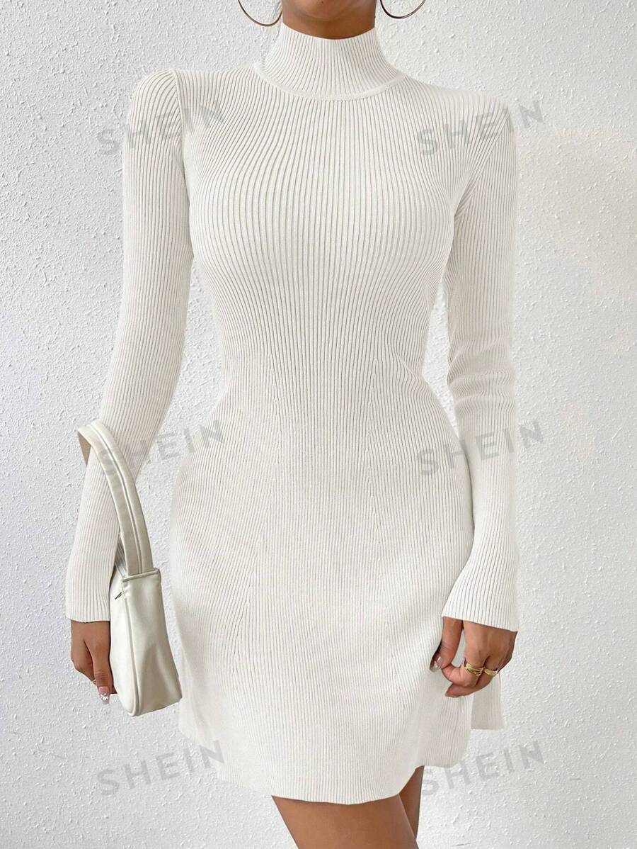 Calvaya Vestido de punto de cuello alto tejido de canalé