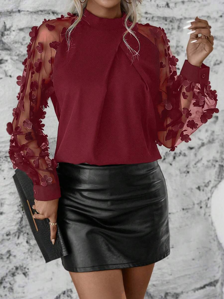 SHEIN LUNE Contrast Mesh Appliques Raglan Sleeve Mock Neck Blouse