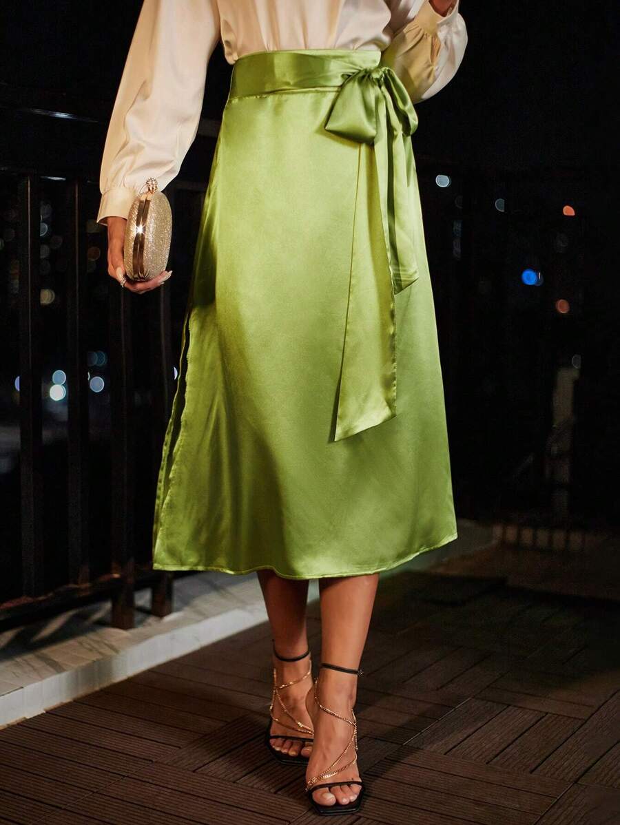 Aveloria High Waist Knot Side Satin Skirt