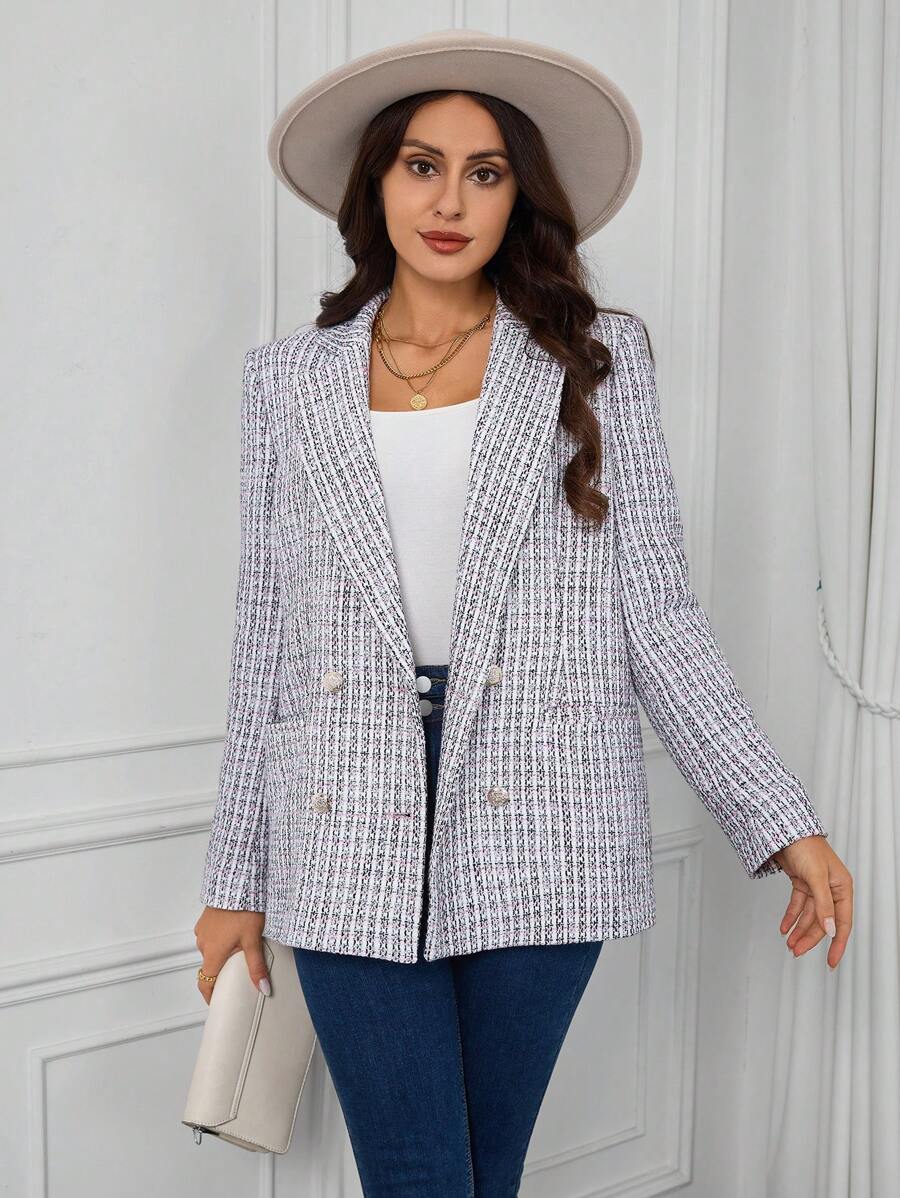 SHEIN Clasi Plaid Pattern Double Breasted Tweed Blazer