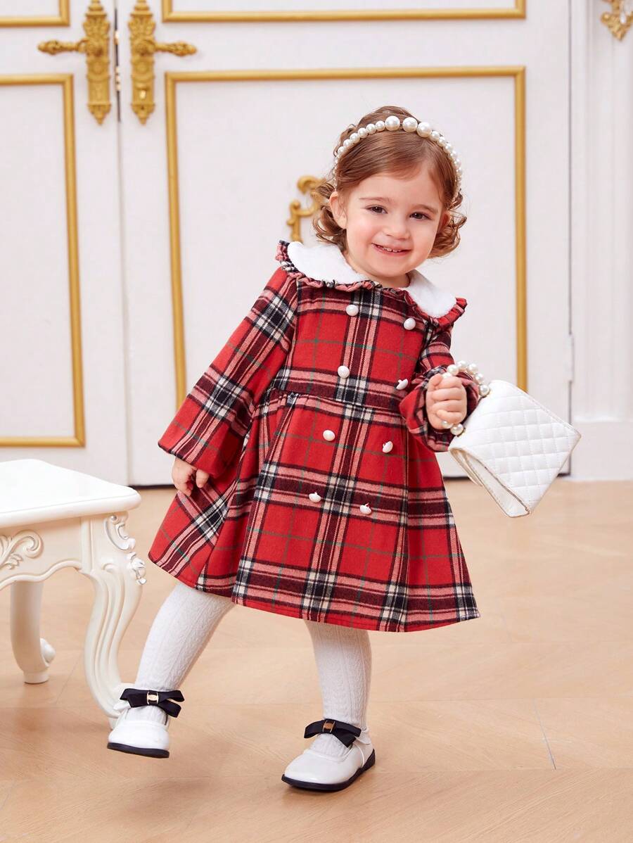 SHEIN Baby Mädchen Kleid mit Peter Pan Kragen, kariert, thermisch gefüttert, Langarm