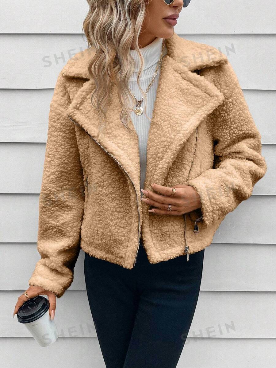 SHEIN LUNE Cazadora de moto de cuello con solapa con cremallera teddy