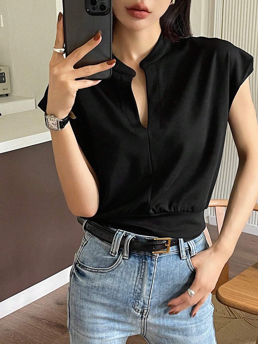 Dazy Star Notched Neck Cap Sleeve Tee
