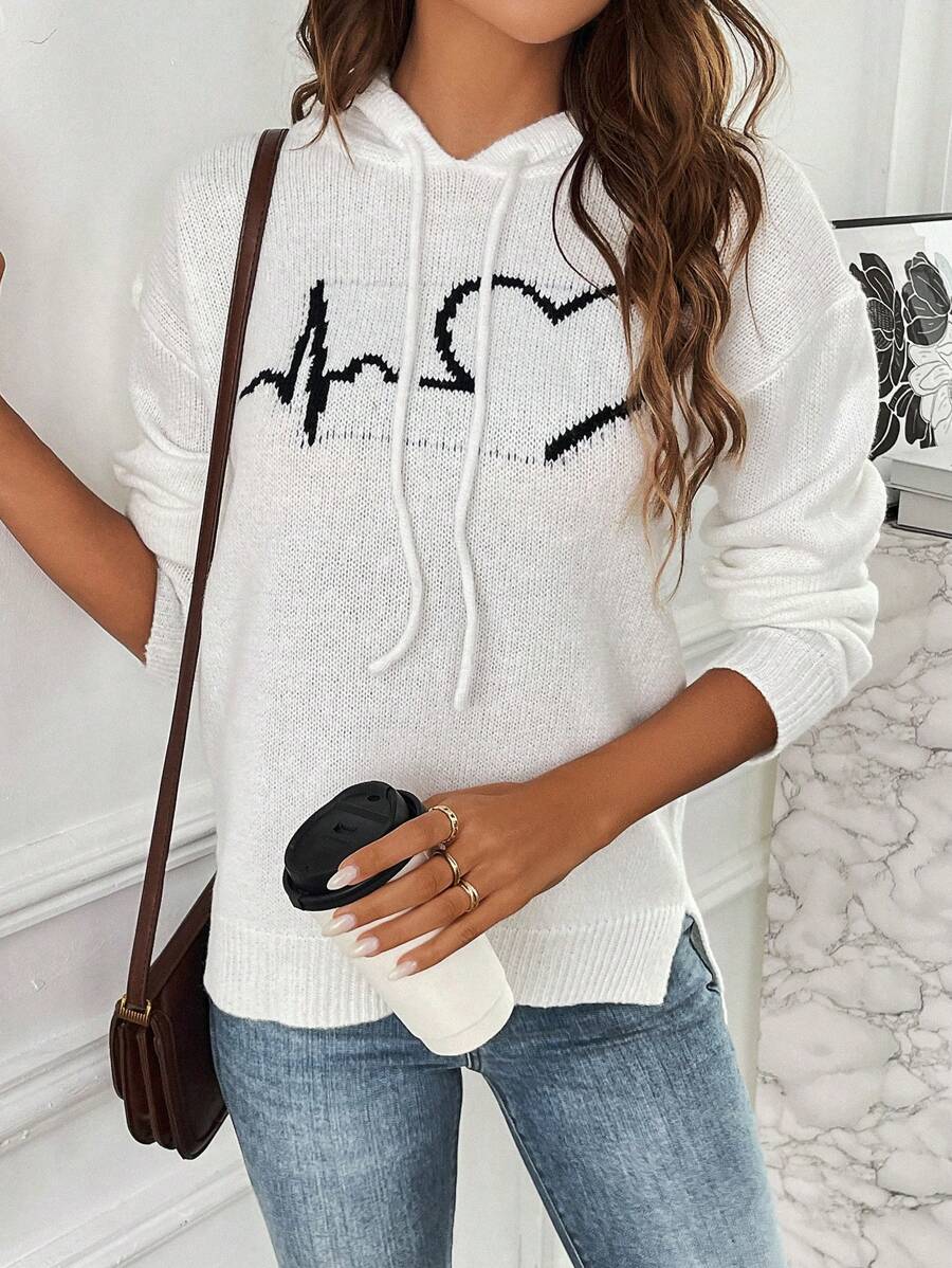 SHEIN LUNE Heart Pattern Drop Shoulder Drawstring Hooded Split Hem Sweater
