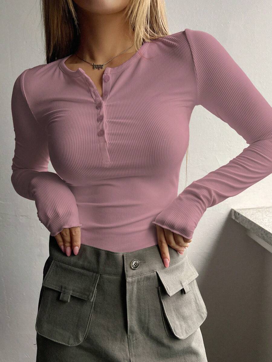 DAZY Half Button Ribbed Knit Tee,Fall Clothes