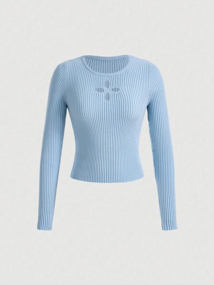 SHEIN MOD Solid Cut Out Front Ribbed Knit Sweater