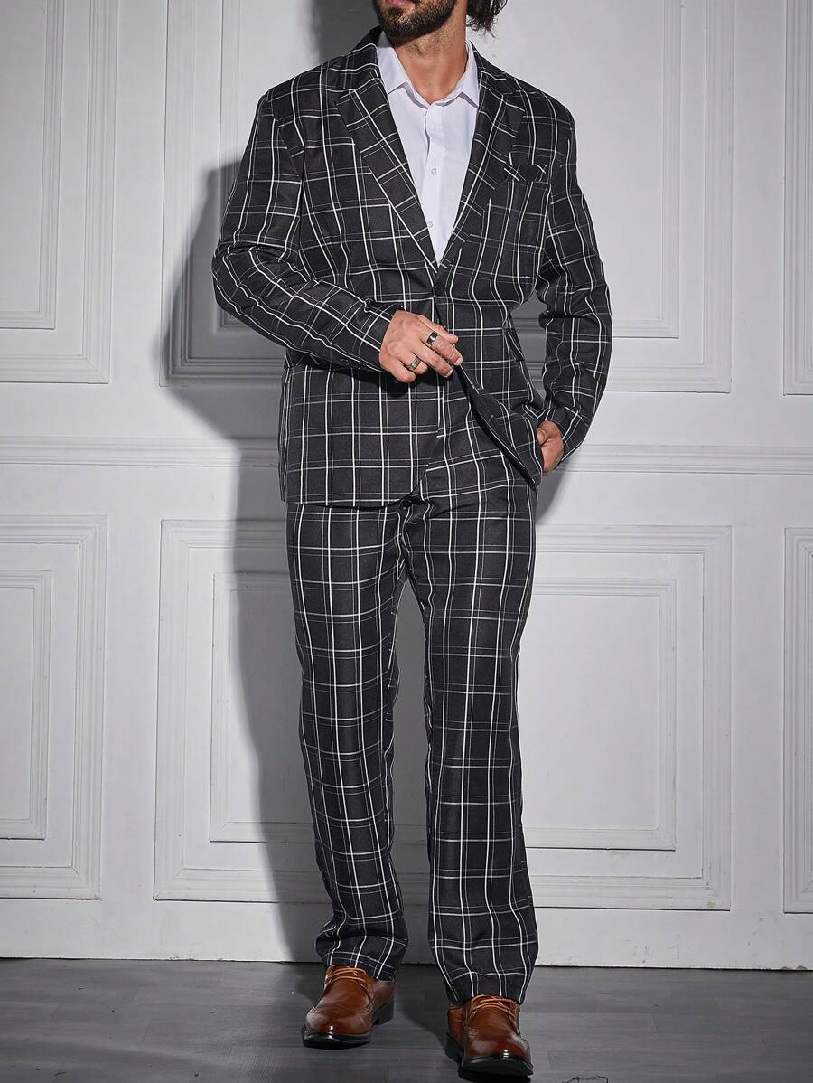 Manfinity Mode Men Plus Grid Print Single Button Blazer & Pants Set