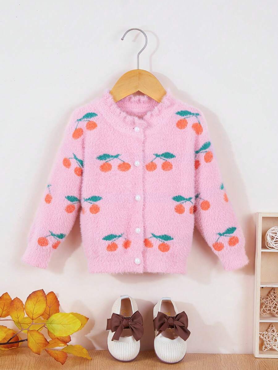 SHEIN Babado Frente do botão Frutas&Vegetais Cardigãs para meninas