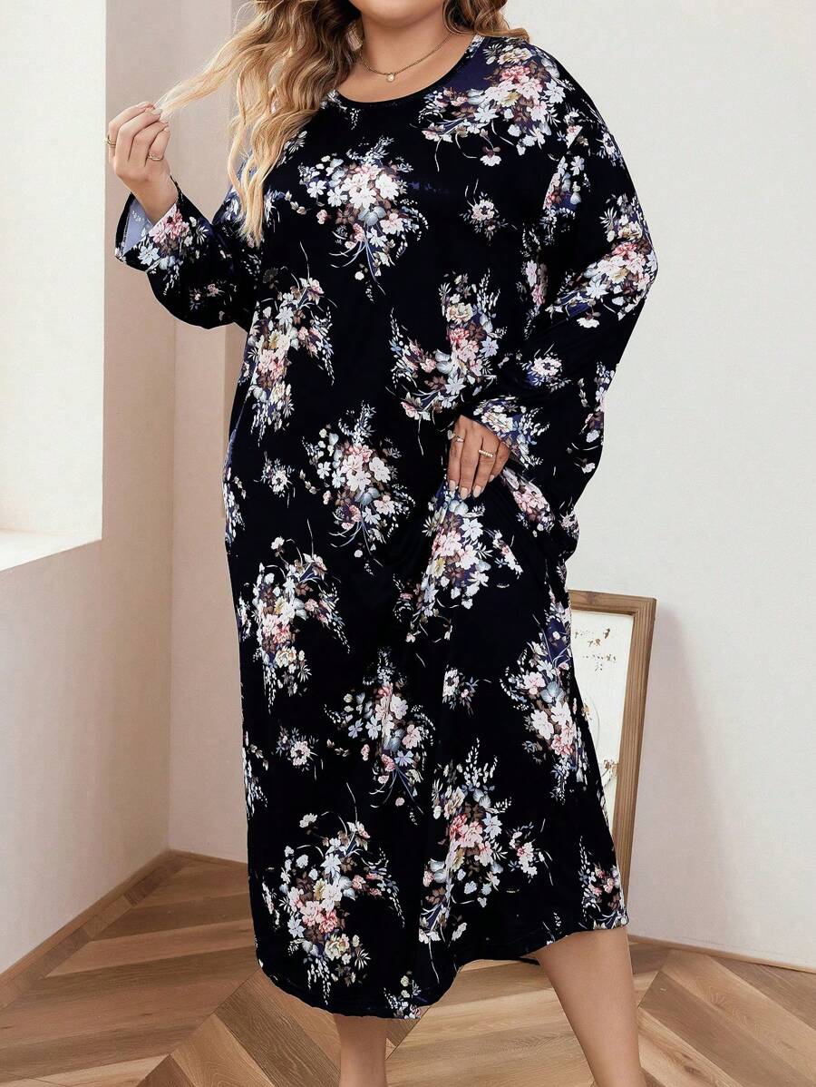 Plus Size Women's Comfortable Floral Printed Pajama Dress, Can Be Worn Outside, Long Dress