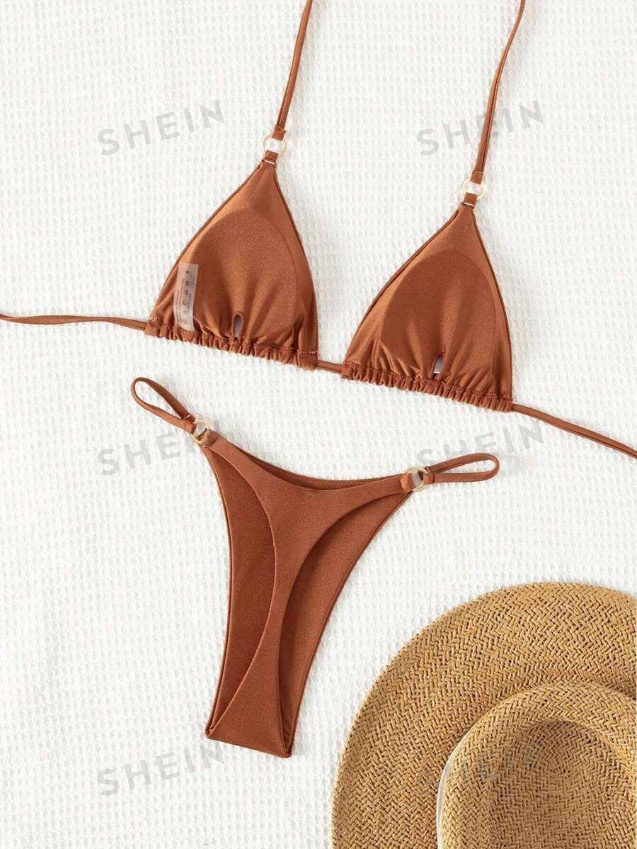 SHEIN Swim Conjunto de bikini con sujetador triangular linked en forma de anillo para playa y fondo de natación para traje de baño de verano