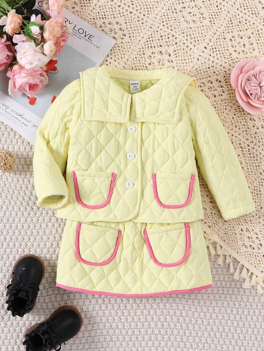 Baby Girl Contrast Binding Quilted Jacket & Skirt