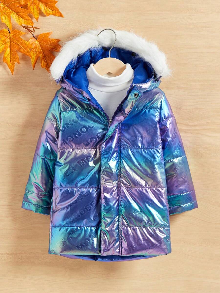 Young Boy Holographic Fuzzy Trim Hooded Padded Coat Without Sweater