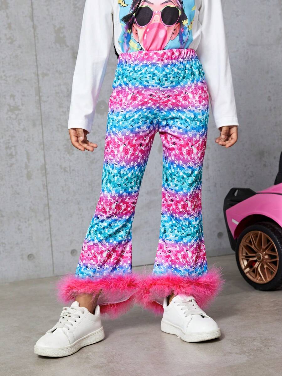 SHEIN Young Girl Allover Print Fuzzy Trim Flare Leg Pants