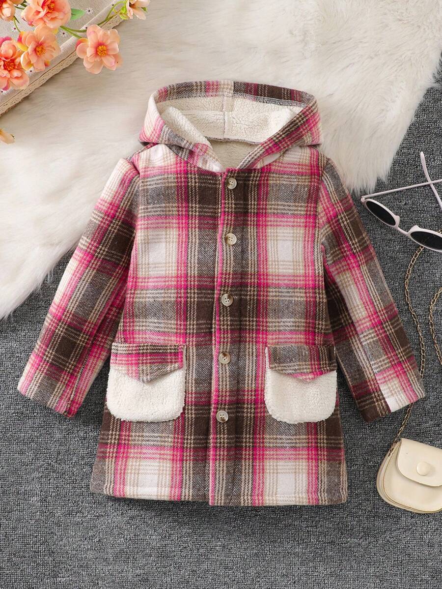 SHEIN Kleiner Junge Mantel mit Kapuze, Plaid Muster, Teddy Futter,