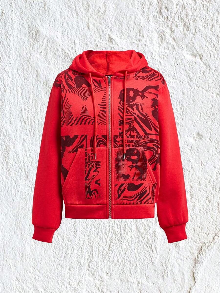 SHEIN EZwear Figure & Letter Graphic Zip Up Drawstring Hoodie