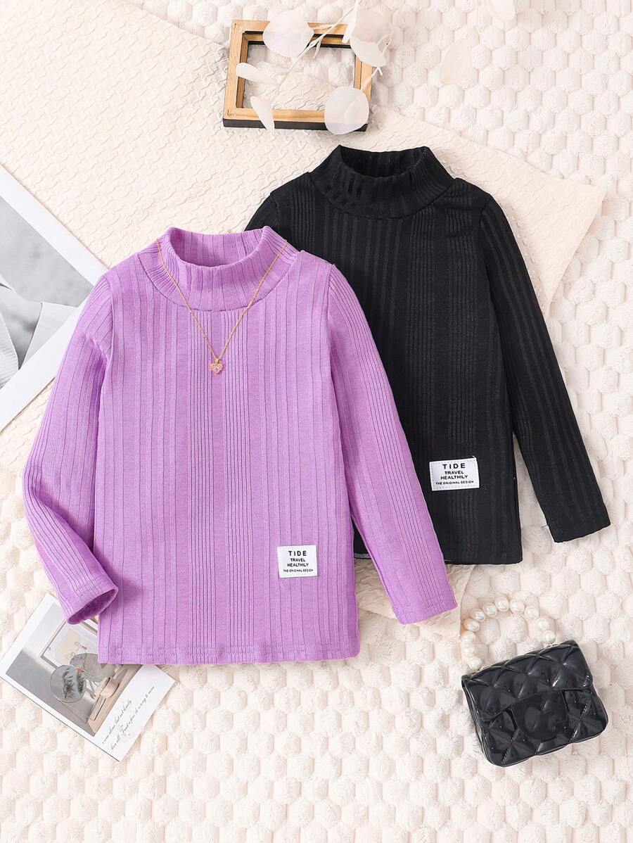 SHEIN Young Girl 2pcs Letter Patched Detail Mock Neck Tee