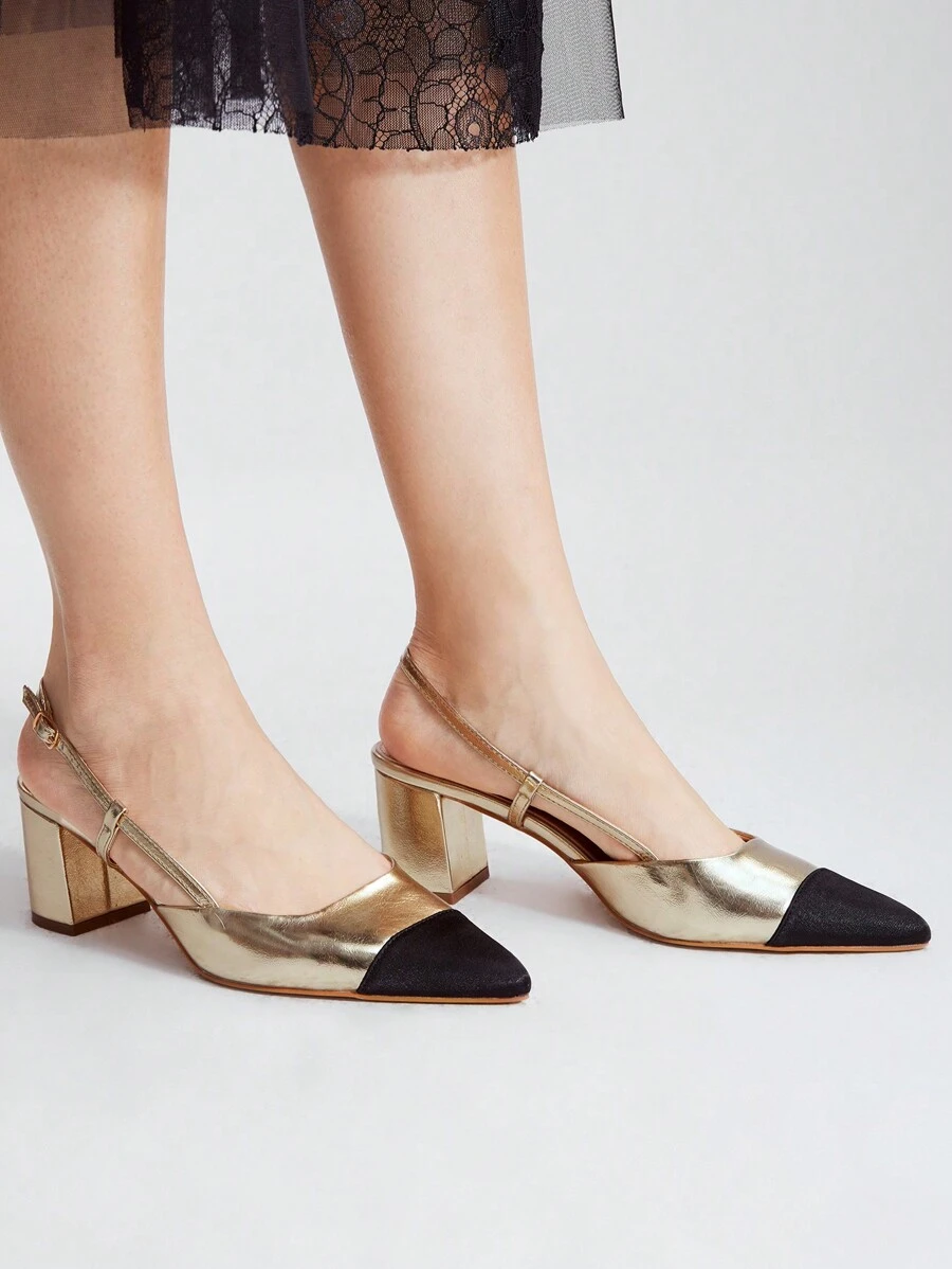 MOTF PREMIUM METALLIC SLINGBACK BLOCK HEELS VACATION SHOES, SUMMER SALE, FOR HALLOWEEN
