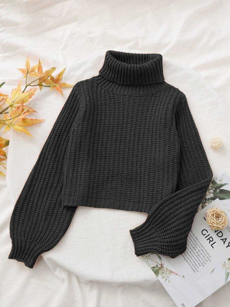 SHEIN Chica preadolescente Jersey cuello alto de manga farol
