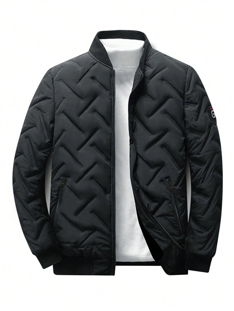 Manfinity Homme Abrigo acolchado bomberoperforado holgado para hombre con cierre de cremallera, abrigo de invierno acolchado casual negro para salir, regalo para amigos, esposo, novio