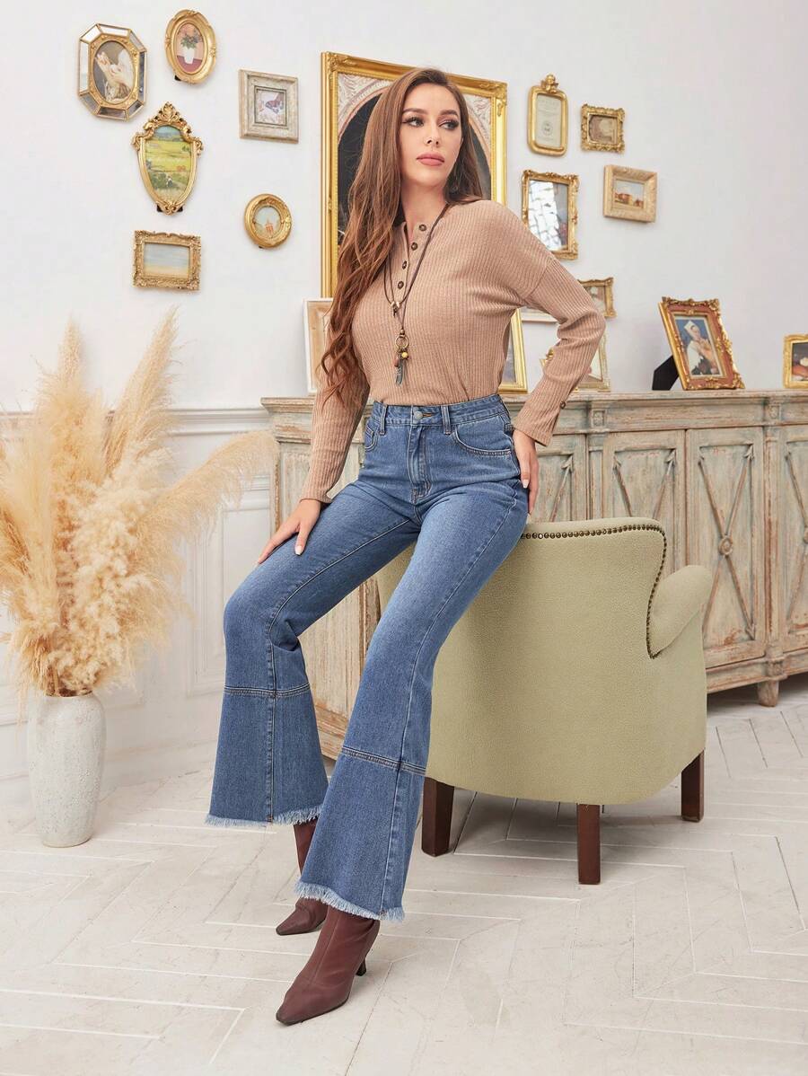 SHEIN LUNE High Waist Raw Hem Flare Leg Jeans