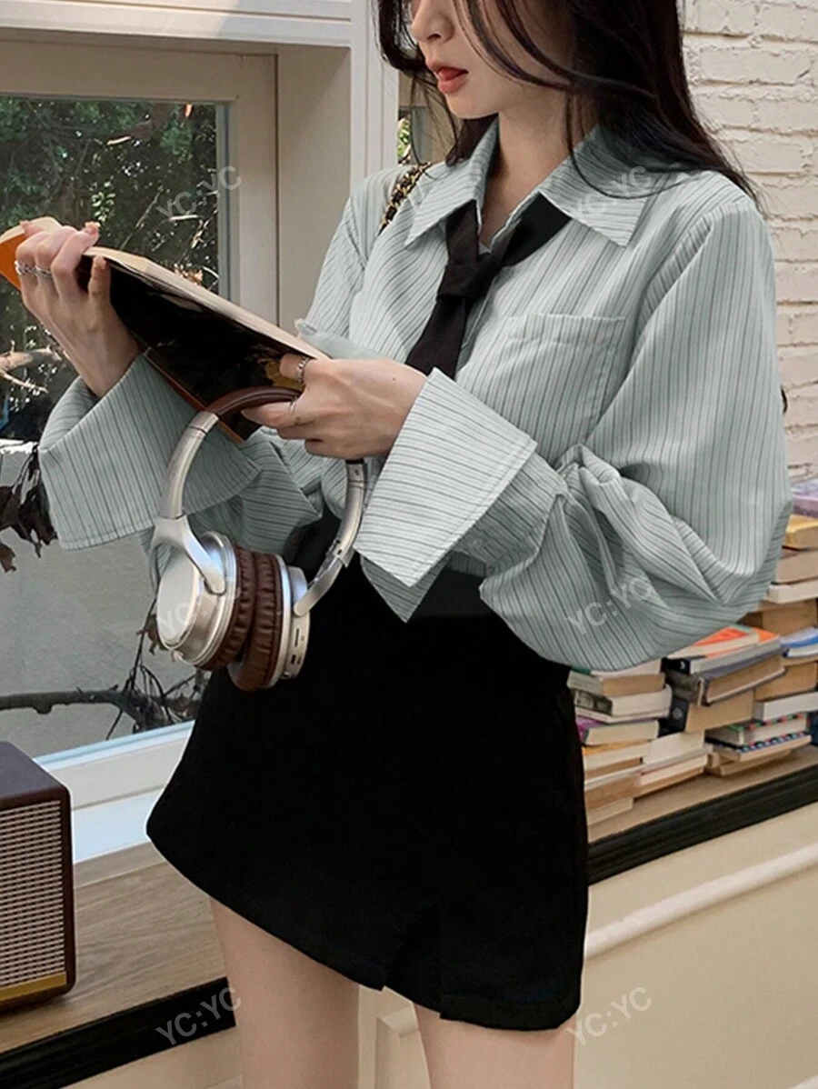 Ladies Formal School Style Long Sleeve Striped Shirt With Tie