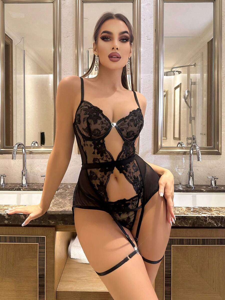 4 Unids/set De Lencería Sexy De Encaje Ahuecada Para Mujer
