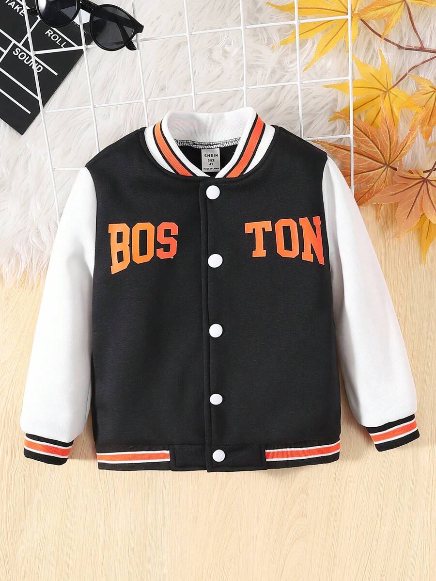 SHEIN Chaqueta polar de Color de contraste cálido, práctica, suave, sencilla, informal, a la moda, para niño joven, con detalle de letras para otoño e invierno
