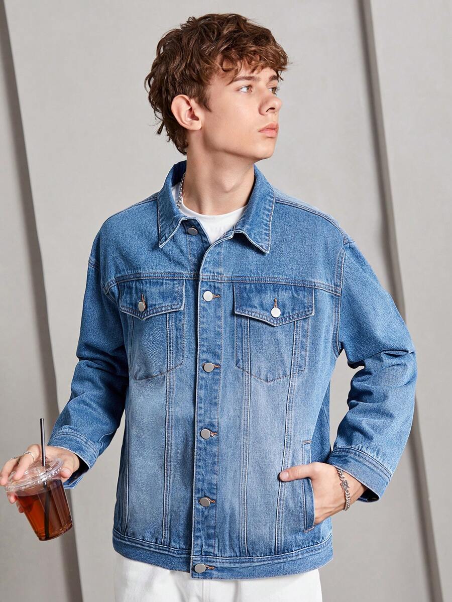 SHEIN Garoto adolescente Bolso Com Aba Jaqueta Denim