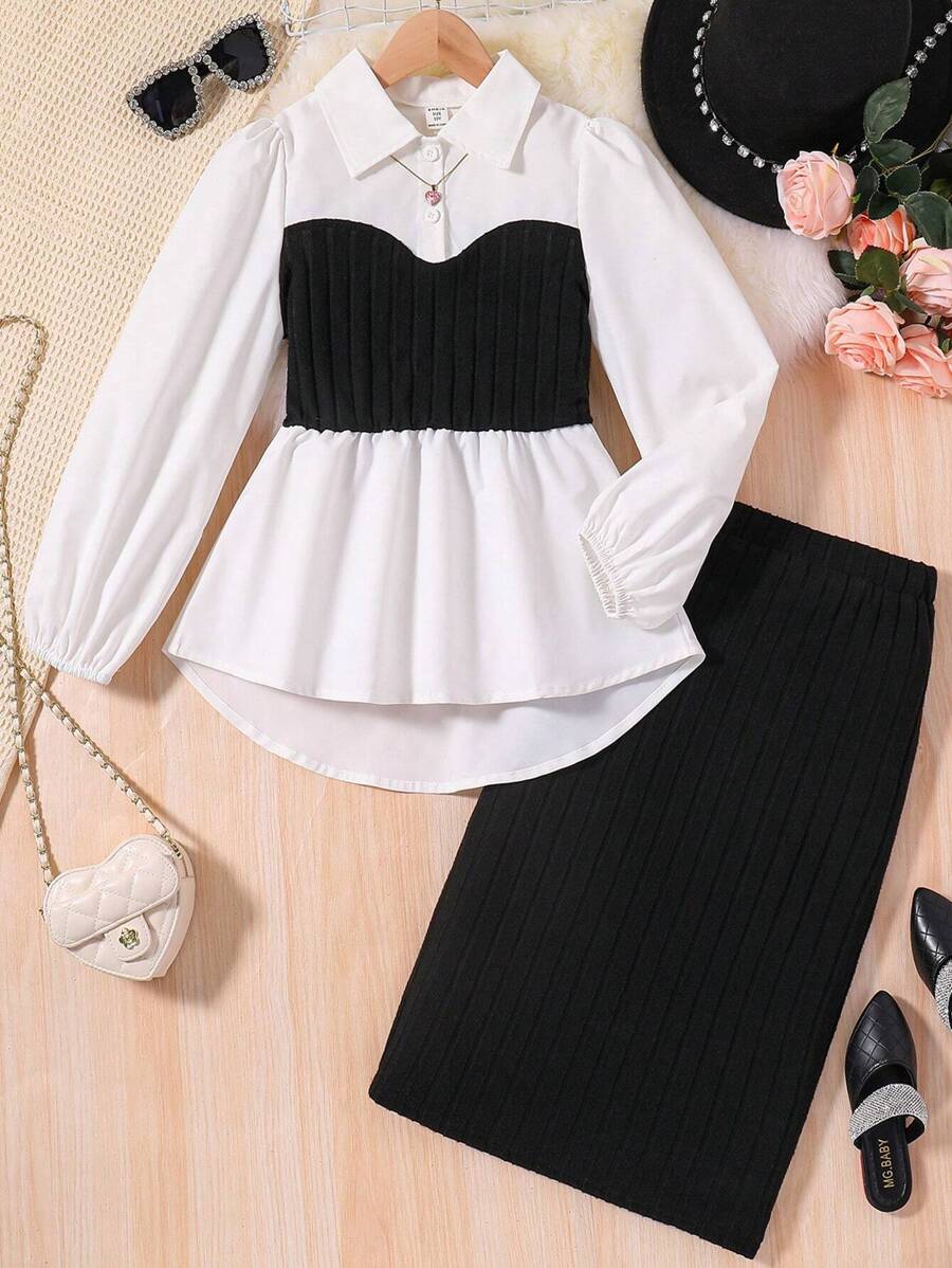 SHEIN Garota pré-adolescente Dois Tons Bainha Alta Baixa 2 Em 1 Camisa & Saia