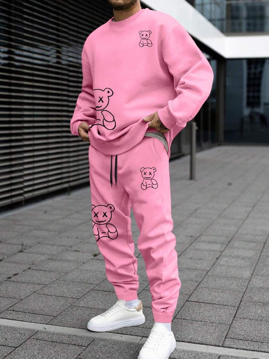 Manfinity Homme Men Bear Print Sweatshirt & Drawstring Waist Sweatpants , Going Out , Graphic , Funny , Plain , Couple Matching