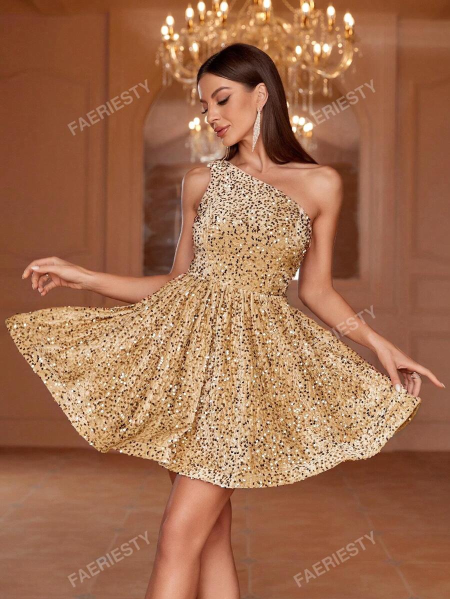 Single-Shoulder Sleeveless Sparkling Sequin Mini A-Line Party Dress For Summer Evening Events