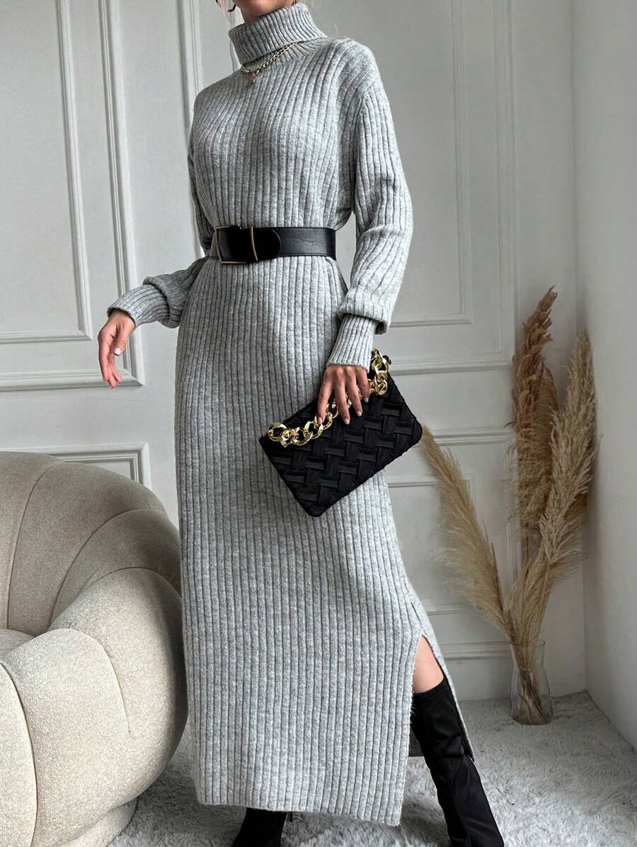 SHEIN Vestido De Suéter De Punto Acanalado Con Cuello Alto Y Hombros Caídos (cinturón No Incluido)