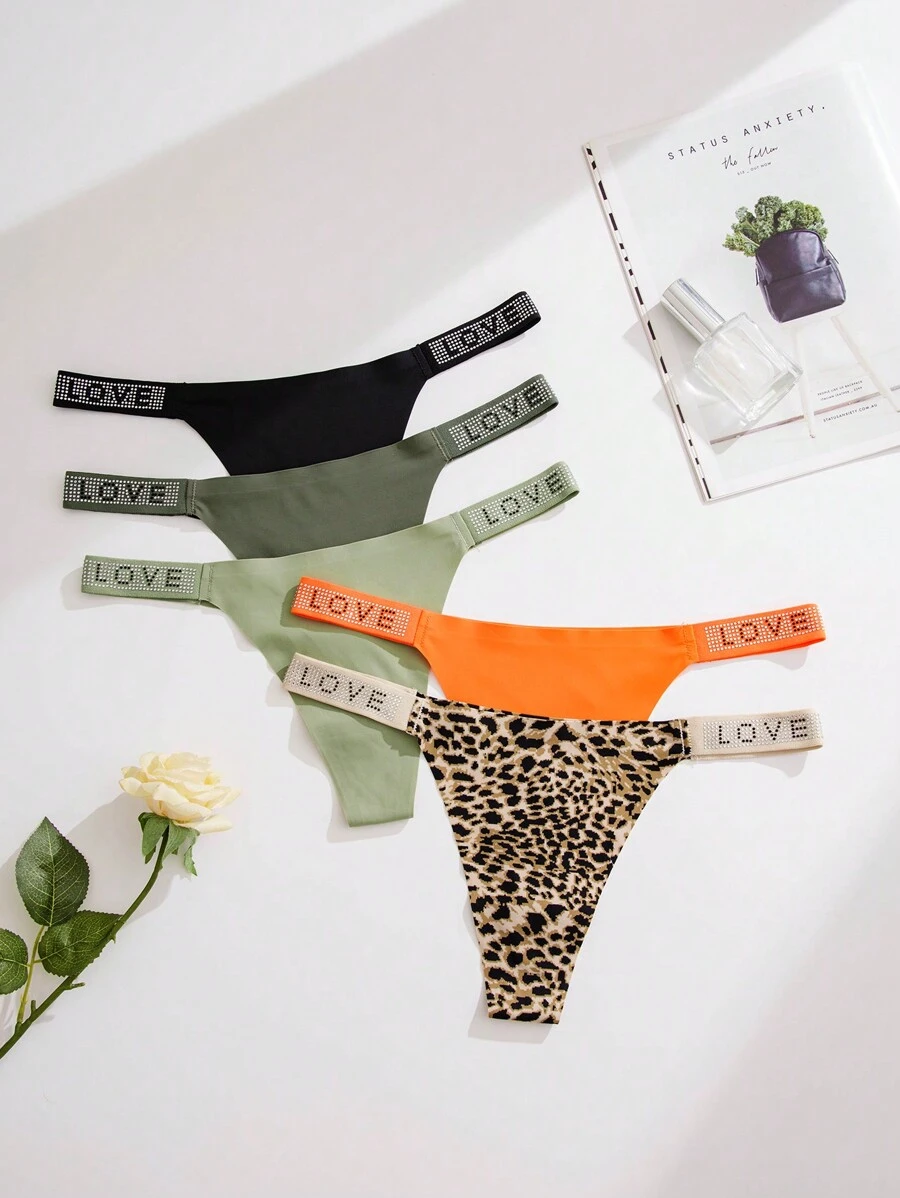 Shein Underwear&Sleepwear Basics Yoga 5pcs/Pack Women's Leopard Print & Letter And Rhinestone Decor Sexy G-String Underwear Sports