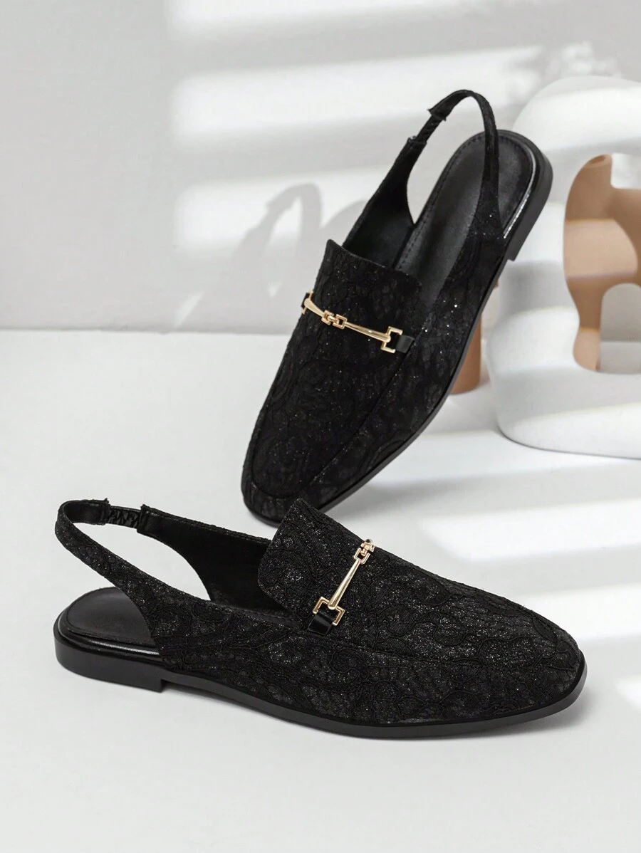 Black Lace Fashionable Women's Shoes With Square Toe And Metal Buckle For Slimming Look