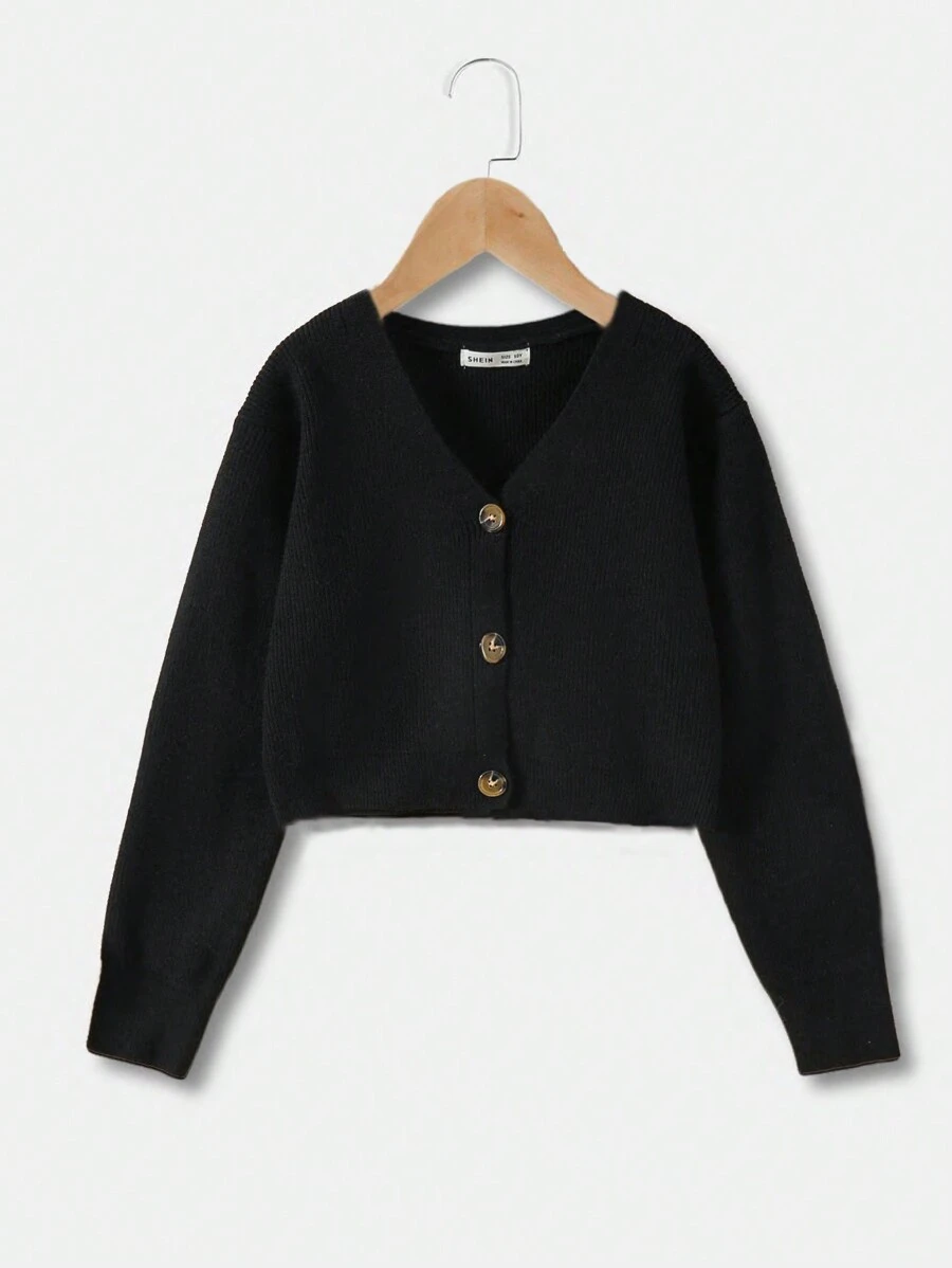 SHEIN Tween Girl Solid Button Front Crop Cardigan Cropped Cardigan Girls Kids Sweaters For Girls Girls Ribbed Cardigan Tween Cardigan Scalloped Cardigan
