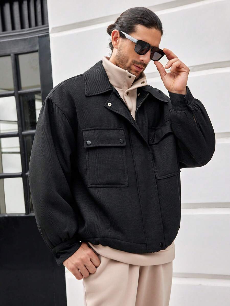 Manfinity Homme Abrigo acolchado con bolsillo con solapa y cordón en el bajo para hombre oversize