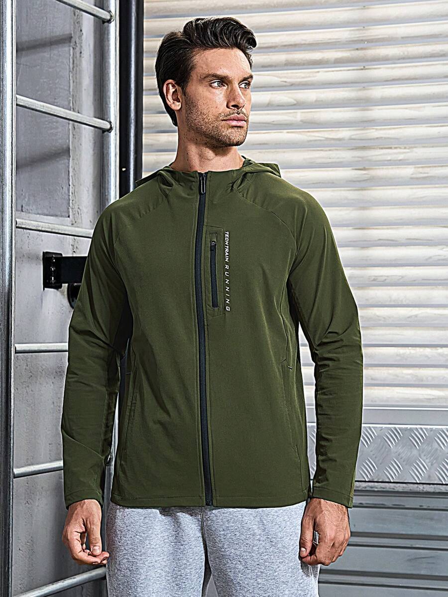 Manfinity Sport Corelite Chaqueta deportiva con capucha con cremallera para hombre con gráficos de letras en la parte superior de entrenamiento