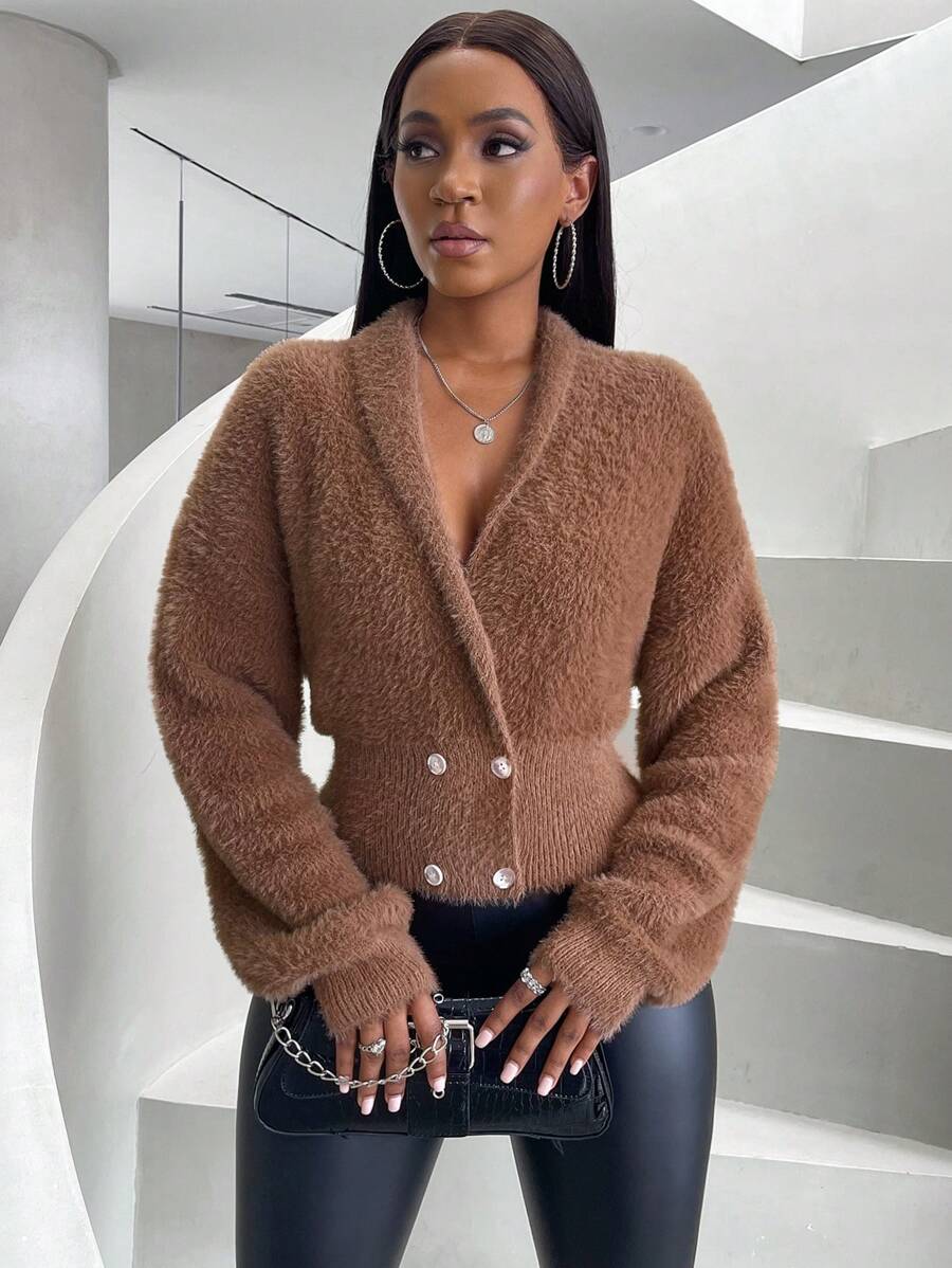 VaVaBold Shawl Collar Double Breasted Drop Shoulder Cardigan