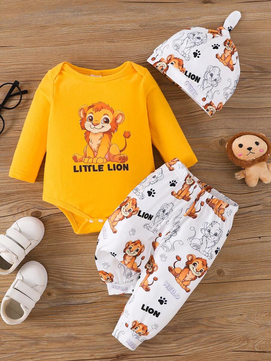 SHEIN Baby Boys' Fashionable Casual Round Neck Animal Print Long Sleeve Bodysuit With Printed Pants And Simple Hat For Spring And Autumn
